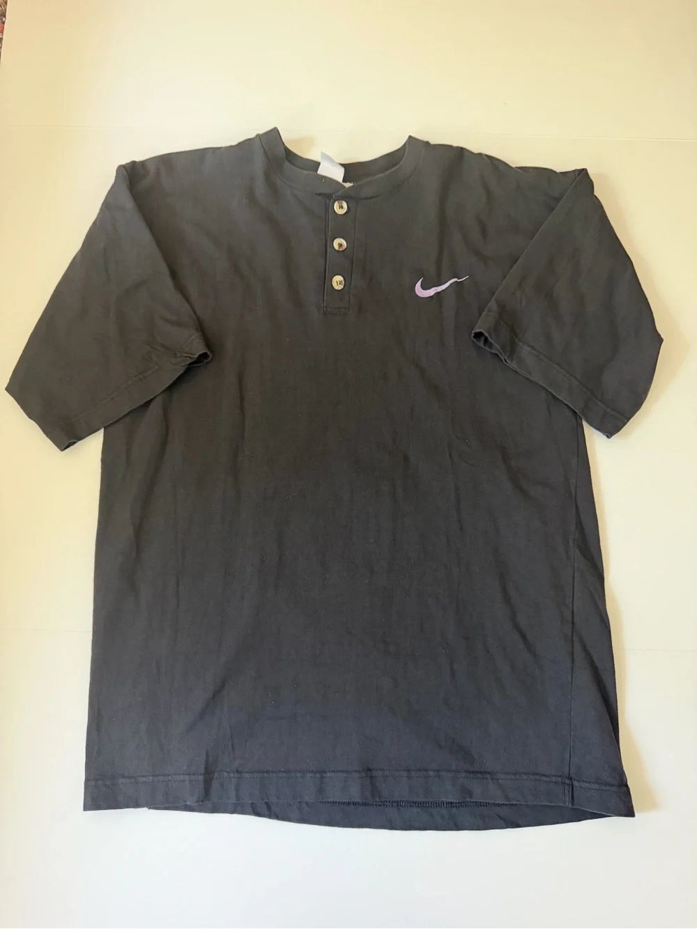Y2K Nike Black Short-Sleeve Henley with Purple Swoosh (Made in USA)